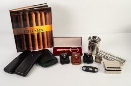 SMOKING ACCESSORIES, comprising: DUNHILL BLACK TEXTURED LEATHER THREE CIGAR HOLDER, TWO OTHERS, ?