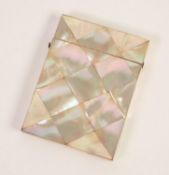 VICTORIAN BONE CARD CASE, the exterior clad in diamond shaped mother of pearl tiles, 4in (10.2cm)