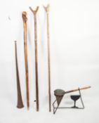 AGED COPPER COACHING HORN. three rustic wooden WALKING STICKS and a copper and metal wire WARMER (5)