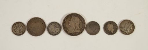 QUEEN VICTORIA 1857 ONE SHILLING, young head, (VF); QUEEN VICTORIA 1894 CROWN COIN, (VF); GEORGE III