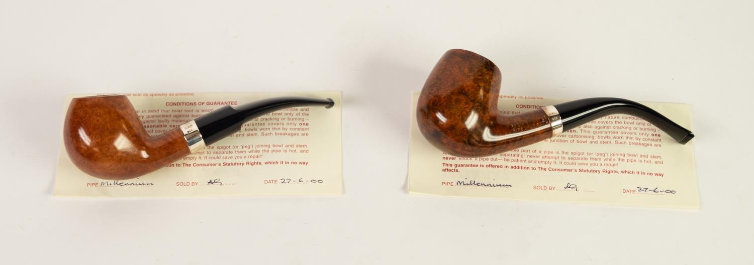 TWO FREDERICK TRANTER ?MILLENNIUM? BRIAR SMOKING PIPES WITH STERLING SILVER COLLARS AND SIGNED