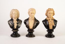 SET OF THREE COMPOSITION BUSTS OF COMPOSERS ON SOCLE BASES, 'BACH', CHOPIN' AND 'BEETHOVEN' 9" (22.