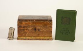 VICTORIAN PINE MONEY BOX with lock, the hinged lid printed with picture of 'Lincoln Cathedral', 5