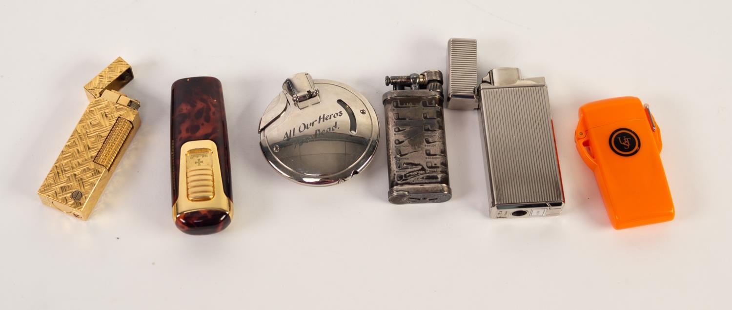 SIX UNBOXED POCKET LIGHTERS, comprising; DUNHILL, in gilt, (23677), WINDMILL, in faux