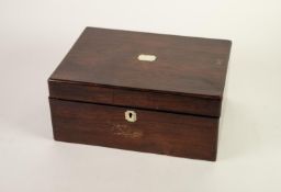 VICTORIAN ROSEWOOD WORK BOX, the hinged lid inlet with mother o'pearl tablet/dark pink silk lined