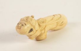 LATE 19th CENTURY CHINESE CARVED IVORY TALL SHAPED WALKING STICK HANDLE, in the form of the head and