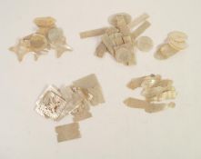 SELECTION OF LATE NINETEENTH CENTURY CHINESE ENGRAVED MOTHER O'PEARL GAMING AND OTHER PIECES,