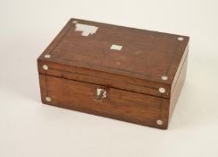 VICTORIAN WALNUT WORK BOX, with mother o'pearl inlay and pewter line inlay, 9" (22.5cm) wide,