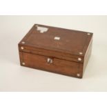 VICTORIAN WALNUT WORK BOX, with mother o'pearl inlay and pewter line inlay, 9" (22.5cm) wide,