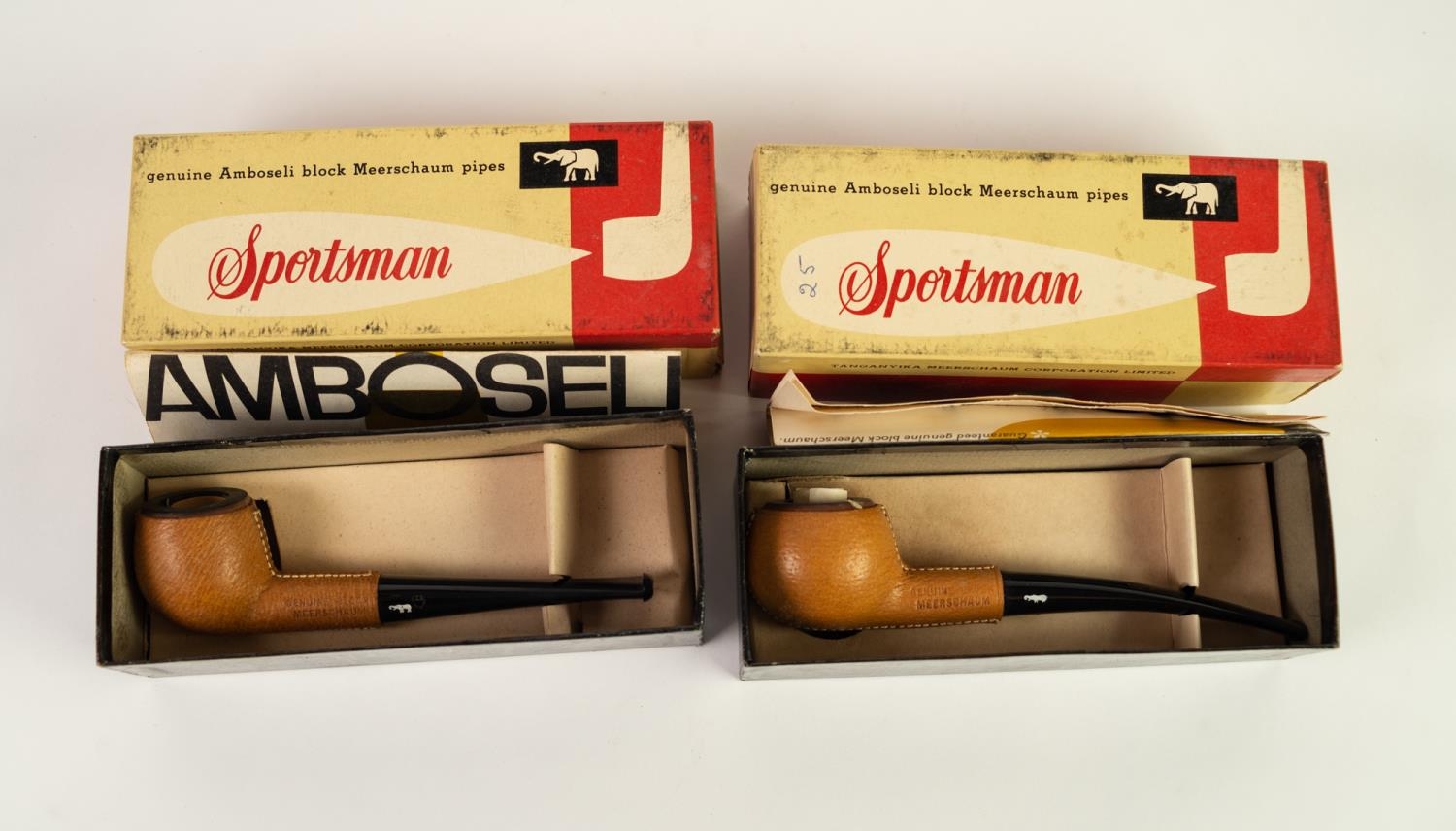 TWO BOXED ?SPORTSMAN? AMBOSELI BLOCK MEERSCHAUM SMOKING PIPES, both with leaflets, the boxed