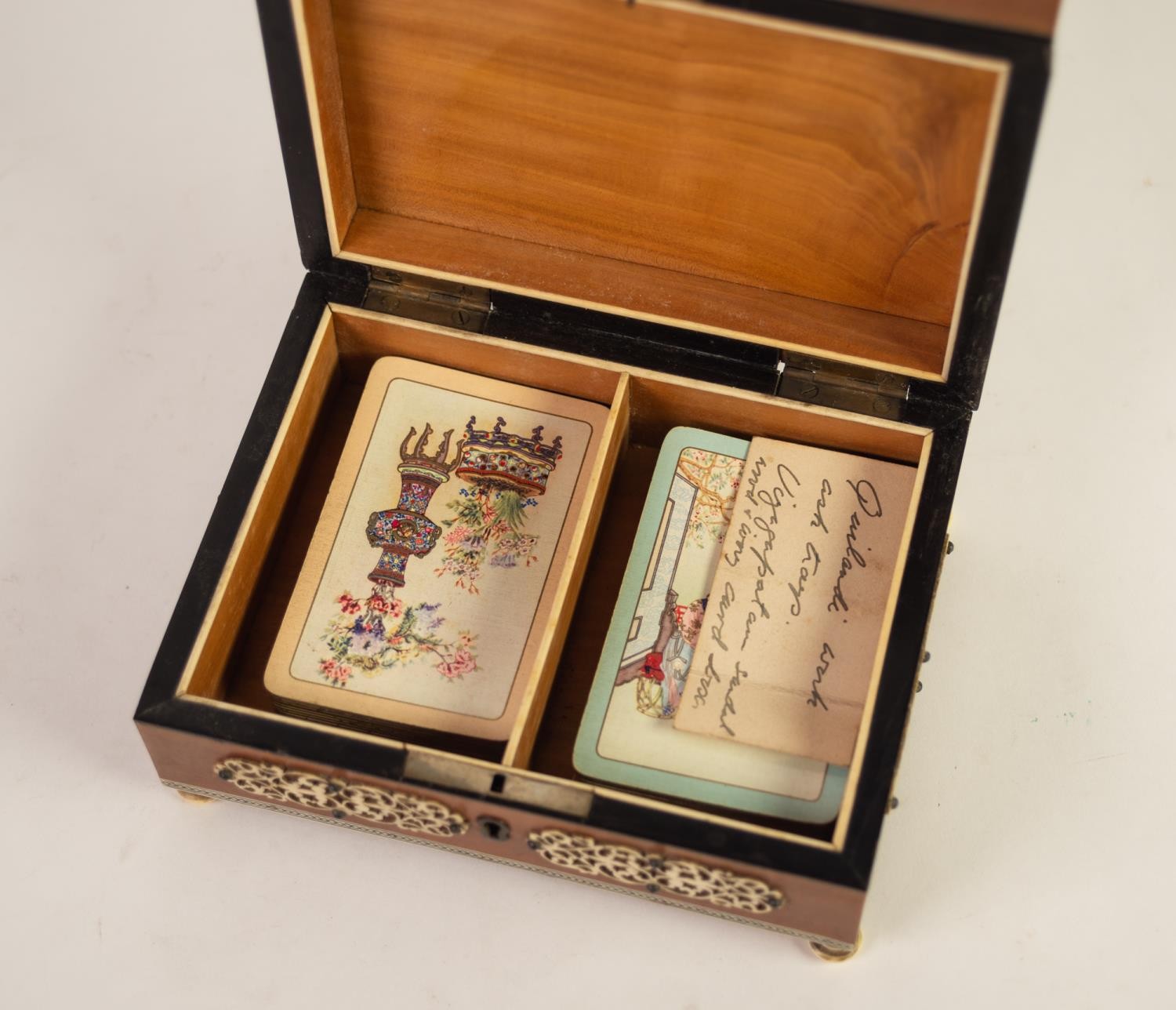 INDIAN SANDALWOOD PLAYING CARD OR TABLE CIGARETTE BOX with engraved wavy borders and applied pierced - Image 2 of 2