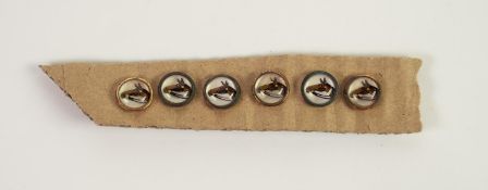 SET OF SIX ESSEX CRYSTAL INTAGLIO RACEHORSES HEAD WAISTCOAT BUTTONS, gilt metal mounted, some wear