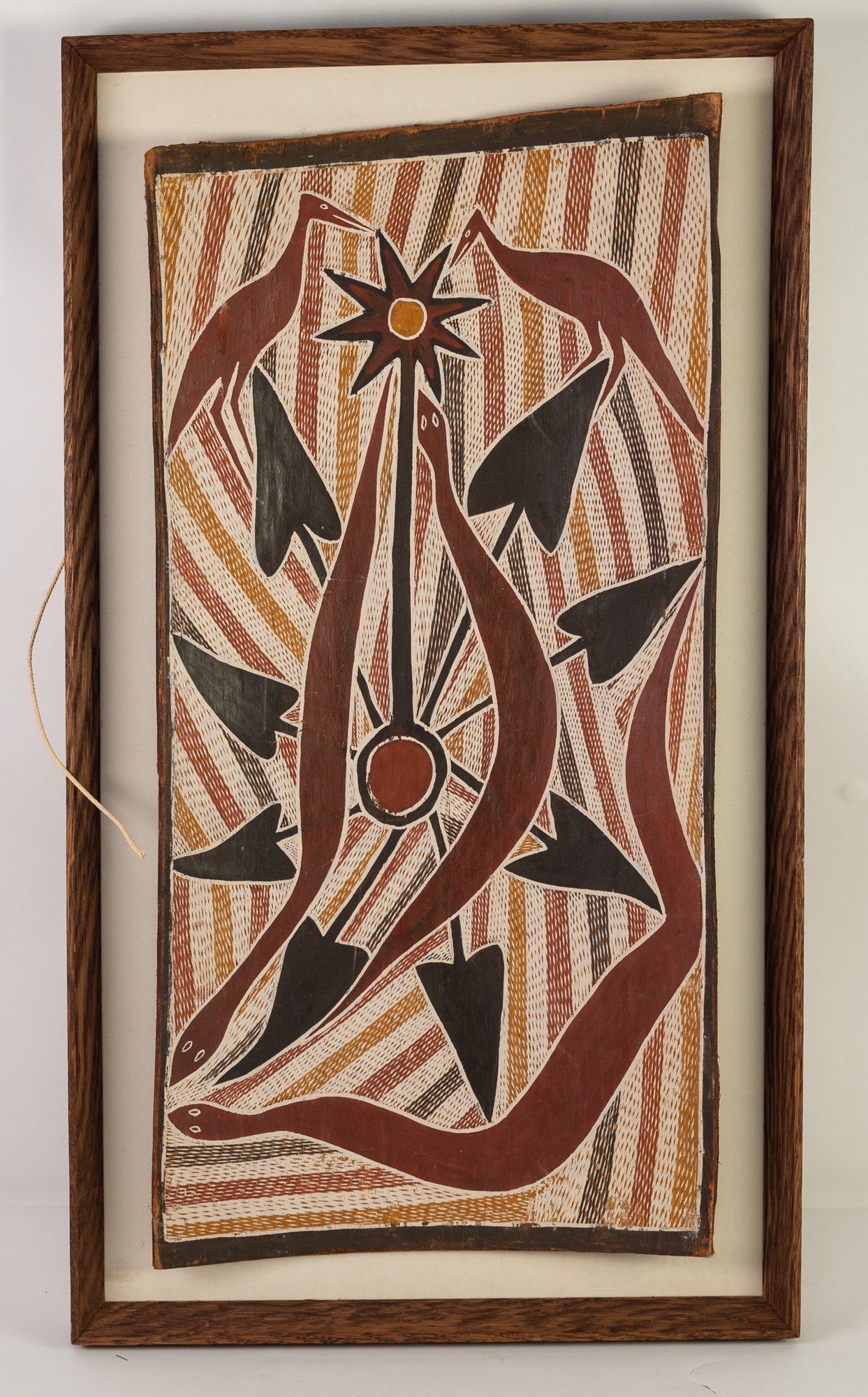 1960s AUSTRALIAN NORTHERN TERRITORY ABORIGINAL TREE BARK PICTURE, depicting two wading birds and