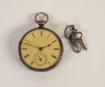 ANTIQUE SILVER CASED, KEYWIND POCKET WATCH, open faced with Roman dial having seconds subsidiary,