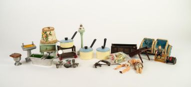 SELECTION OF PRE-WAR AND LATER DOLLS HOUSE FURNITURE, FIGURES AND EFFECTS, to include; cast metal