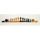 VINTAGE CARVED BOXWOOD STAUNTON PATTERN CHESS SET up to 2 1/2in (6.5cm) high, (c/r black king collar