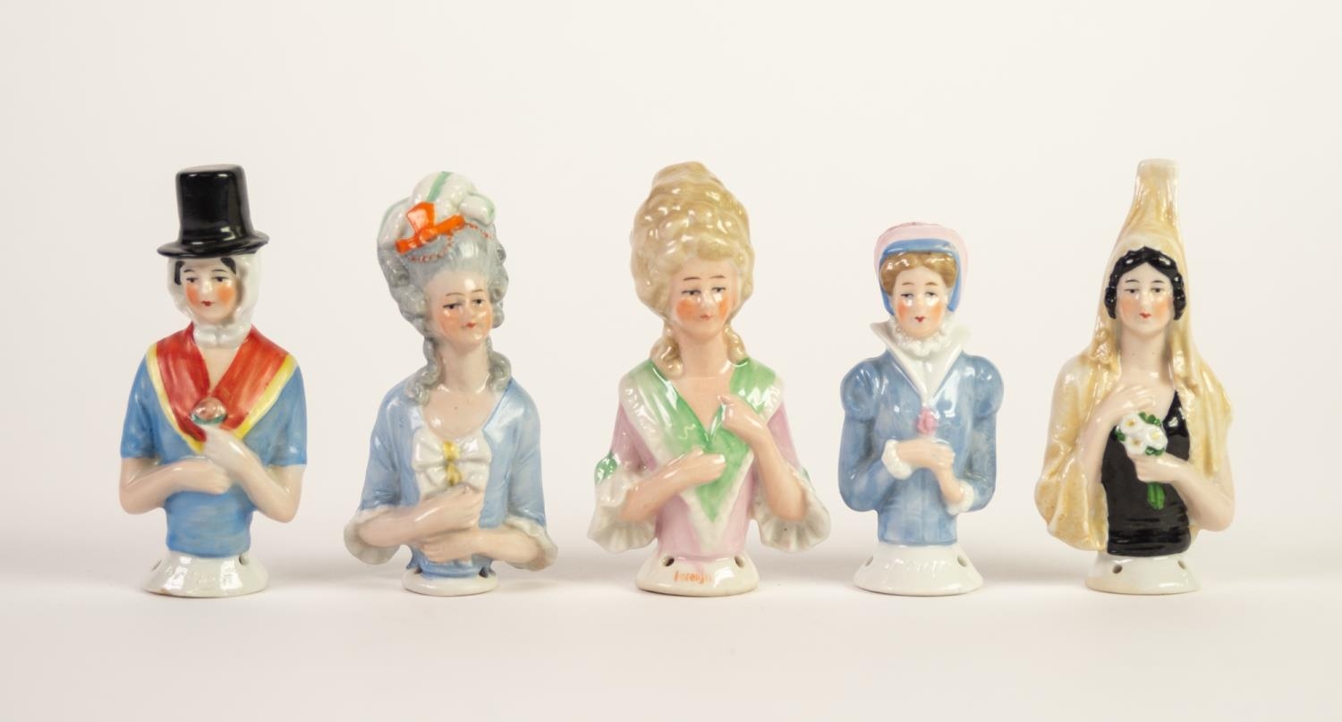 THREE LARGE SIZE CHINA PIN CUSHION FIGURES OF LADIES IN NATIONAL COSTUME, viz Spanish, Welsh and