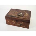 19th CENTURY JAPANESE PICTORIALLY LACQUERED ROSEWOOD LARGE BOX, the hinged lid overlaid with a