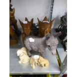 LIMITED EDITION RESIN MODEL OF A FOX, 7 1/2in (19cm) HIGH; A RESIN MODEL OF A DONKEY AND THREE RESIN