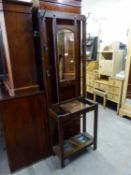 1920?S OAK HALL STAND WITH ARCH TOP BEVELLED MIRROR PANEL, GLOVE BOX, METAL DRIP TRAYS, 2? WIDE,