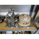 ELECTROPLATE TEA AND COFFEE SERVICE OF 4 PIECES, THE TWO HANDLED TRAY AND A WOODEN CHEESEBOARD AND