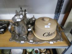 ELECTROPLATE TEA AND COFFEE SERVICE OF 4 PIECES, THE TWO HANDLED TRAY AND A WOODEN CHEESEBOARD AND