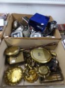 BRASS HINGED BOX, SMALL BED PAN AND OTHER BRASSWARES VARIOUS (ONE BOX); SET OF SIX ELECTROPLATE