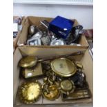 BRASS HINGED BOX, SMALL BED PAN AND OTHER BRASSWARES VARIOUS (ONE BOX); SET OF SIX ELECTROPLATE