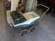 CHILD'S TRIANG TINPLATE VINTAGE DOLLS PRAM, WITH SPOKES WHEELS AND FOOT BRAKE, FABRIC FOLD DOWN HOOD