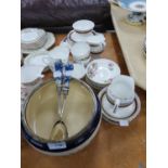 TWO CHINA PART TEA SERVICES, MOULDED GLASS FRUIT BOWL WITH ELECTROPLATE RIM AND A PAIR OF