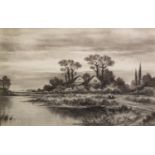 (?) RODGERS (NINETEENTH/ TWENTIETH CENTURY) CHARCOAL DRAWING River landscape with figures and