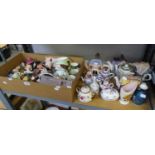 A LARGE SELECTION OF SMALL DECORATIVE ORNAMENTS TO INCLUDE; CHARACTER JUGS, TEAPOTS, VASES, SHOES,