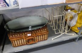 WICKER PICNIC BASKET AND CONTENTS, FRAMELESS BEVELLED EDGE WALL MIRROR AND A RETRO MAGAZINE RACK