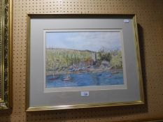 ELIZABETH SCOTT WATERCOLOUR DRAWING 'St Anthony of the Boats', view from the water of a village with