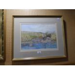 ELIZABETH SCOTT WATERCOLOUR DRAWING 'St Anthony of the Boats', view from the water of a village with