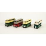 THREE DINKY TOYS DOUBLE DECKER BUSES, No. 290 in green and cream, one restored with Dunlop decals,