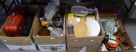 QUANTITY OF KITCHENWARES; PICTURES; HANDBAGS; PLASTIC CONTAINERS (CONTENTS OF FOUR BOXES)