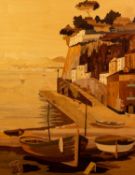 MODERN VARNISHED WOODEN MARQUETRY PICTURE Mediterranean harbour scene In combined bevelled frame