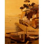 MODERN VARNISHED WOODEN MARQUETRY PICTURE Mediterranean harbour scene In combined bevelled frame