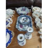 LOSOL WARE BLUE AND WHITE DECORATED TWO HANDLED BOWL, LOSOL WARE DISH, TWO SIDE PLATES AND A PAIR OF