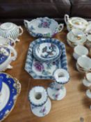 LOSOL WARE BLUE AND WHITE DECORATED TWO HANDLED BOWL, LOSOL WARE DISH, TWO SIDE PLATES AND A PAIR OF