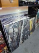 PRINT ON CANVAS, UNFRAMED 'NEW YORK' ARIAL VIEW  34" X 34"  AND A PAIR OF BLOCK BOARD PRINTS AFTER
