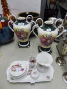 A PAIR OF CROWN STAFFORDSHIRE TWO HANDLED VASES AND A COALPORT CHINA DRESSING TABLE SET OF 6