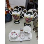 A PAIR OF CROWN STAFFORDSHIRE TWO HANDLED VASES AND A COALPORT CHINA DRESSING TABLE SET OF 6