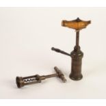 19th CENTURY BRASS AND STEEL PATENT MECHANICAL CORKSCREW with broken and incomplete horn handle