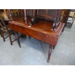 19TH CENTURY MAHOGANY RECTANGULAR PEMBROKE TABLE, WITH ONE END DRAWER, ON FOUR TURNED TAPERING LEGS,