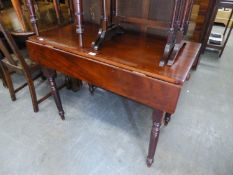 19TH CENTURY MAHOGANY RECTANGULAR PEMBROKE TABLE, WITH ONE END DRAWER, ON FOUR TURNED TAPERING LEGS,