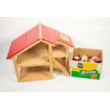 MODERN SWISS WOODEN CHALET-FORM DOLL'S HOUSE wiht a selection of wooden furniture