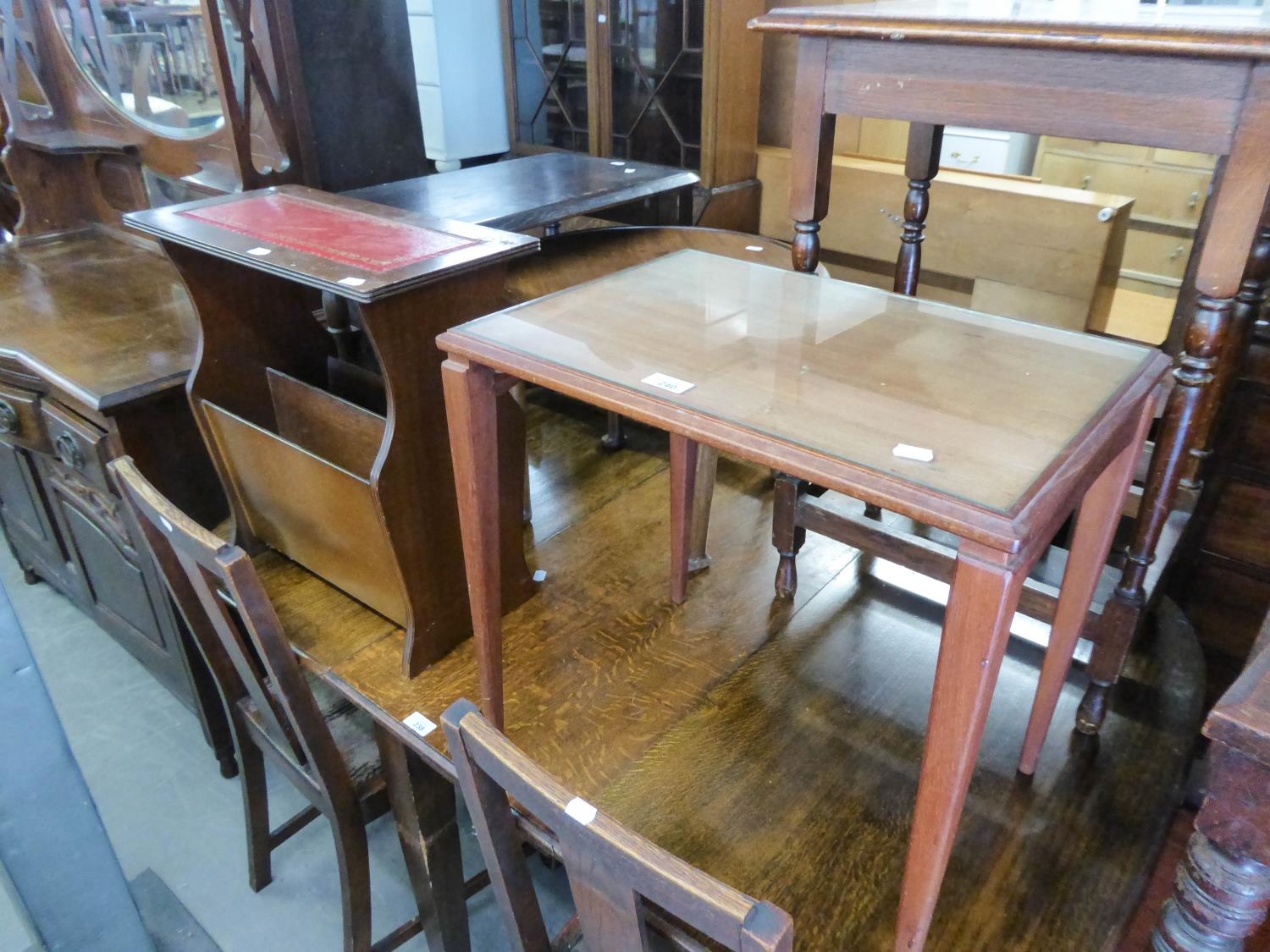 AN OAK OBLONG OCCASIONAL TABLE; JACOBEAN STYLE DARK OAK OBLONG STOOL/COFFEE TABLE; MAHOGANY OBLONG