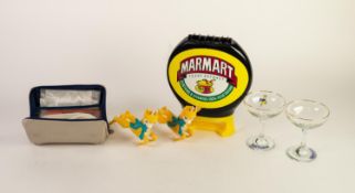 PAIR OF PLASTIC LEAPING BABYCHAM DEER AND RELATED GLASSES.  TOGETHER WITH A MARMITE 'MARMART'